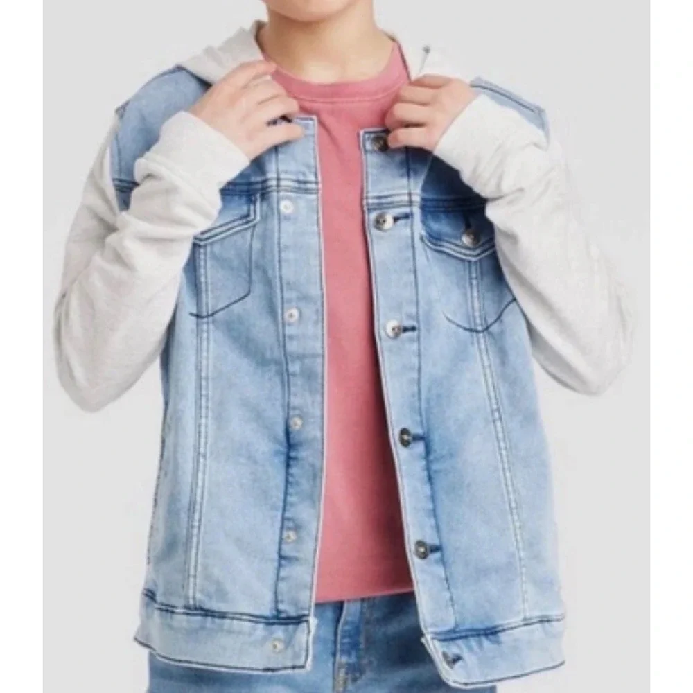 ART CLASS Boys Denim Jacket Jean Sweatshirt Hooded Medium‎ Light Wash Grey 8 10
